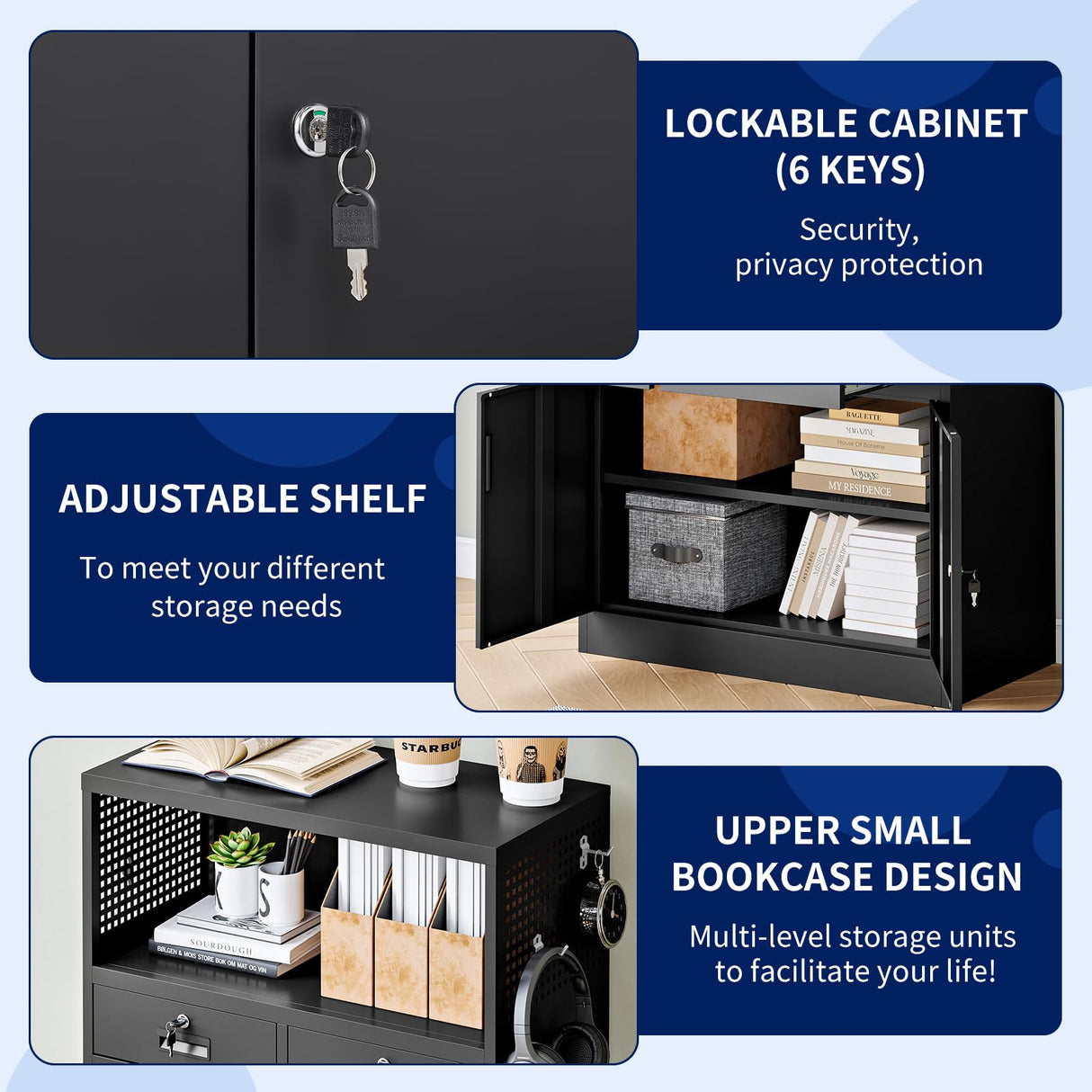 Yizosh Locking Cabinet with 2 Drawers, Metal Storage Cabinet with Locking Doors and Shelves - 41.3" Steel Lockable Storage Cabinet, Metal Cabinet for Home Office, Garage, School (Black) Yizosh