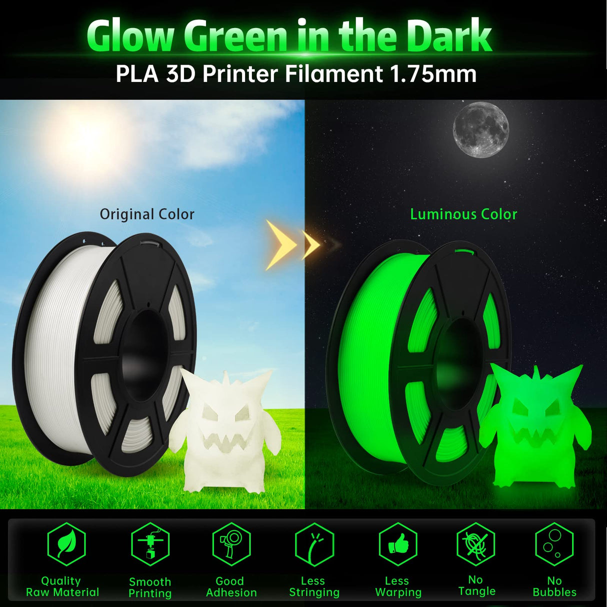 SUNLU Glow in The Dark PLA Filament, Neatly Wound Luminous PLA 3D Printer Filament 1.75mm Dimensional Accuracy +/- 0.02mm, Fit Most FDM 3D Printers, 1kg Spool (2.2lbs), (White PLA, Glow Green) SUNLU