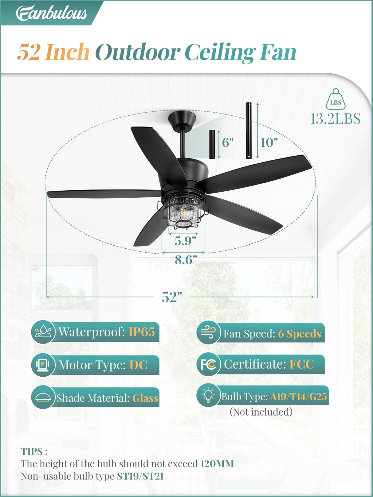 Fanbulous 52" Outdoor Ceiling Fans with Lights and Remote Control,IP65 Wet Rated Waterproof Ceiling Fan with 6-Speed DC Motor, Farmhouse Gazebo Fan for Porch Patios Pavilion Fanbulous