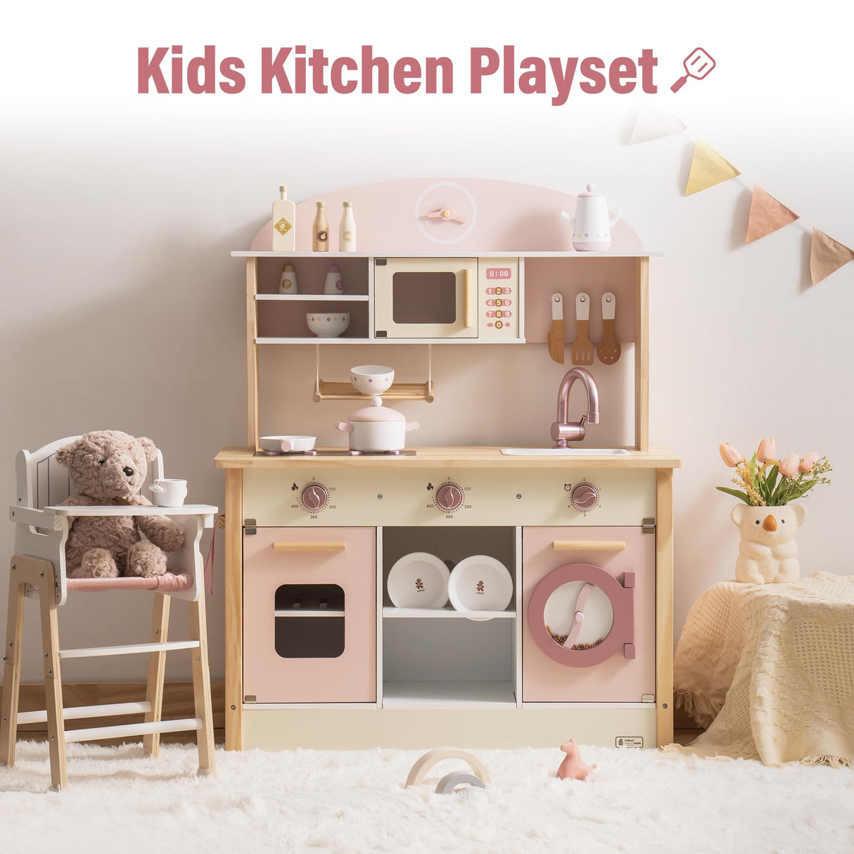 ROBUD Play Kitchen for Kids Toddlers, Wooden Play Kitchen with Realistic Accessories, Toy Kitchen Set with Plenty of Play Features, Modern Style Toy Kitchen for Girls & Boys, Gift for Ages 3+, Pink ROBUD