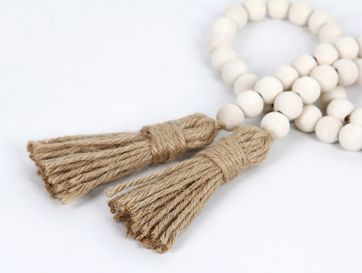 Wood Bead Garland Farmhouse Beads with Tassels,Farmhouse Tassel Garland Country Wall Hanging Decor Prayer Beads(39 inches/Nature) RAMIRABI