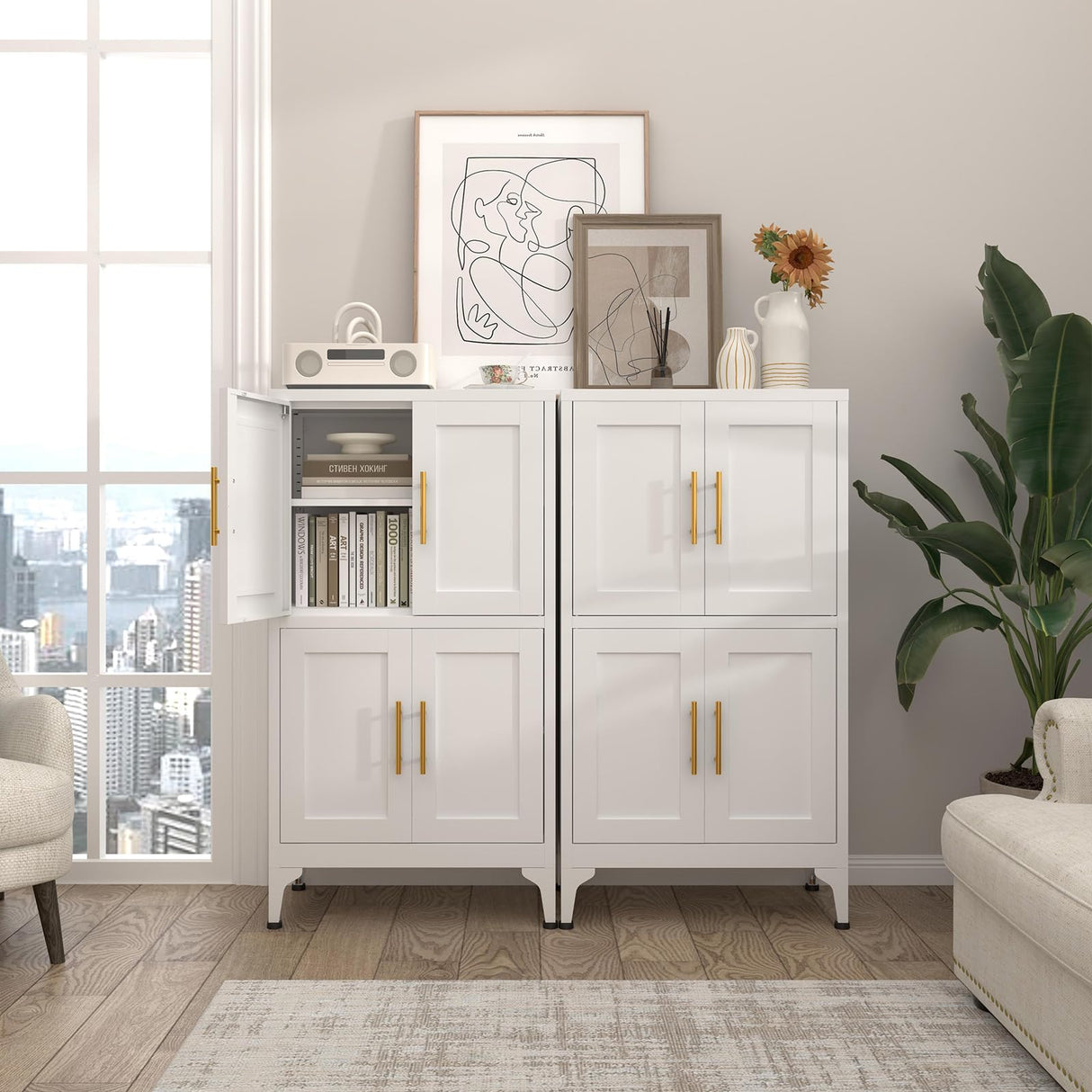 IRONFFICE Bathroom Storage Cabinet,Metal Freestanding Bathroom Cabinet with Adjustable Shelves,Laundry Room Cabinets with 4 Doors,White IRONFFICE