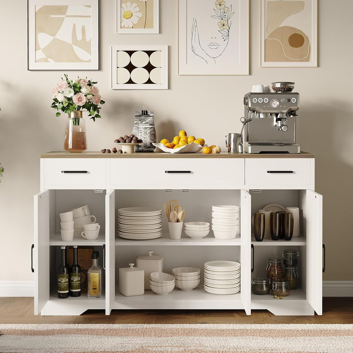 PeacefulHues Modern Buffet Sideboard Kitchen Storage Cabinet with 3 Drawers, 55" Large Farmhouse Buffet Cabinet with Shelves and Doors, Wood Coffee Bar for Living Room Dining Room Hallway White PeacefulHues