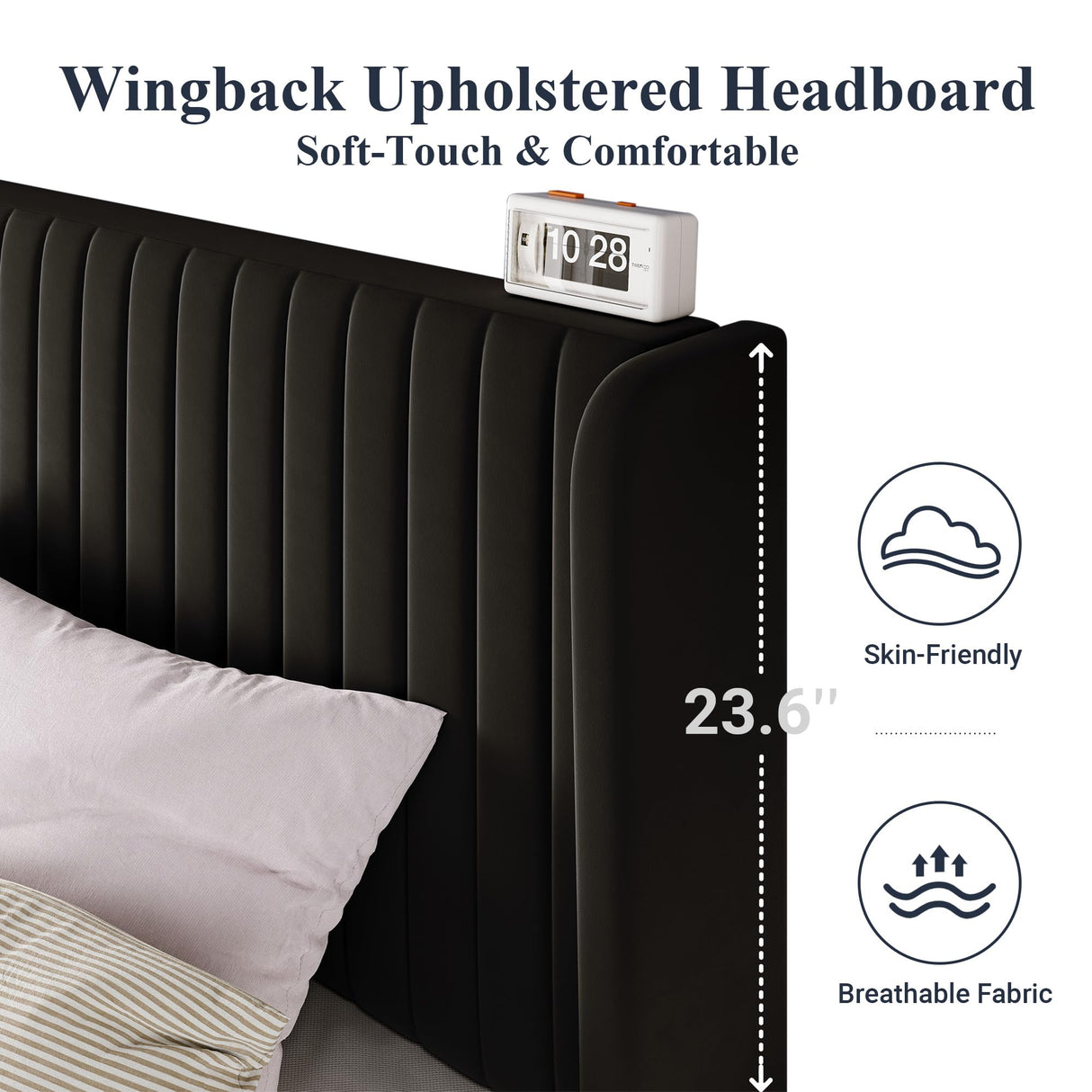 Allewie Queen Size Black Velvet Bed Frame with Wingback Headboard and Wooden Slats Allewie