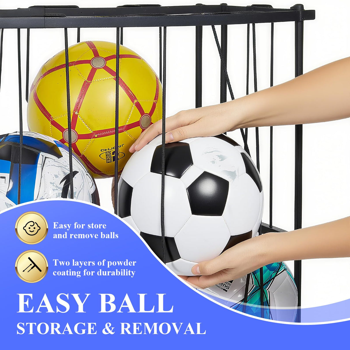 URMMIY Large Garage Ball Storage Rack with Wheels–Rolling Sports Equipment Organizer Freestanding Ball Holder for Basketball Soccer Volleyball Football–Sports Ball Storage for Garage Gym School Home URMMIY