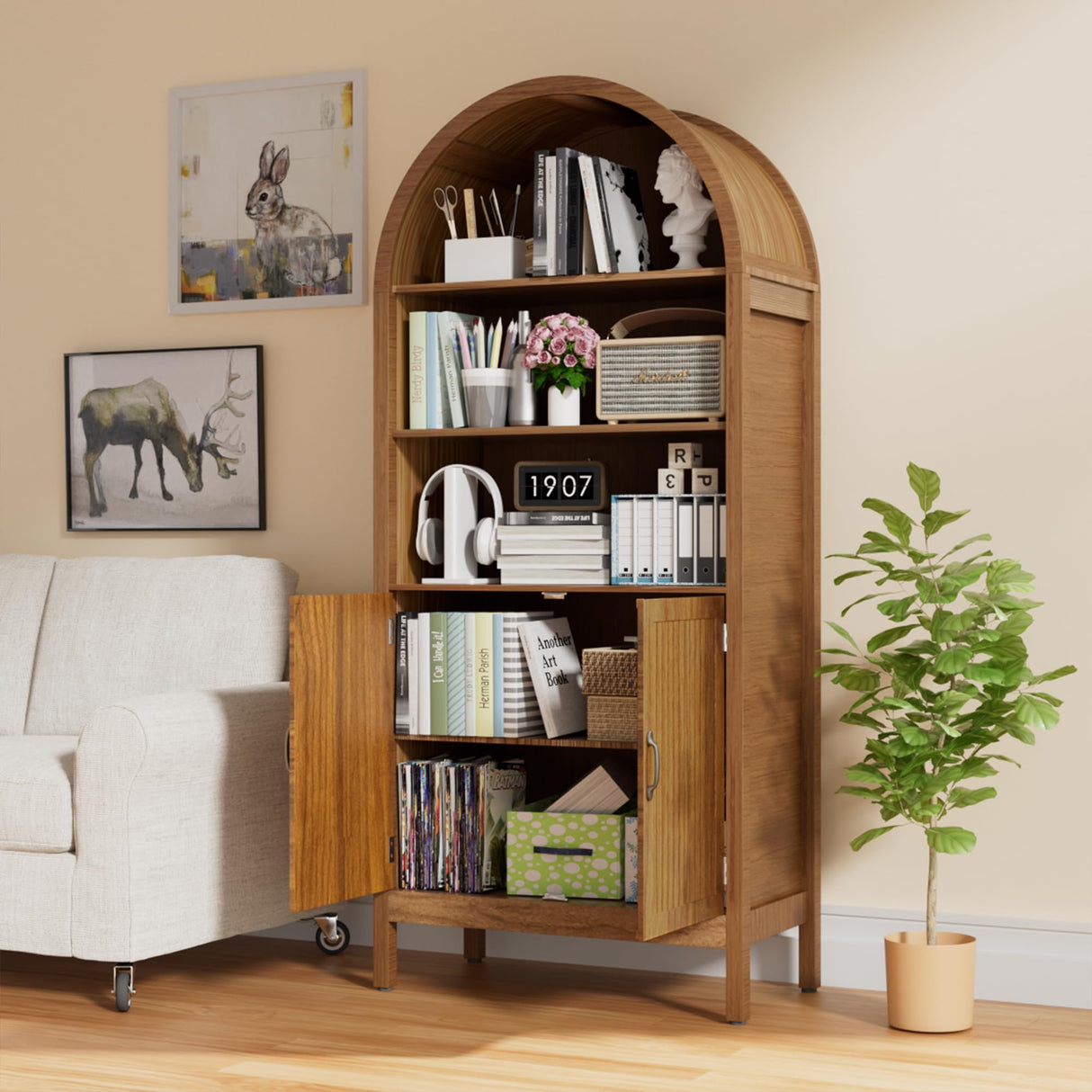 Lxsxlome 70.9" Arched Bookcase Bookshelf with Fluted Doors,5 Tier Mid-Century Modern Bookshelf Storage Cabinet,Wood Standing Tall Bookcase with Open Display Shelf for Home Office Living Room Bedroom Lxsxlome