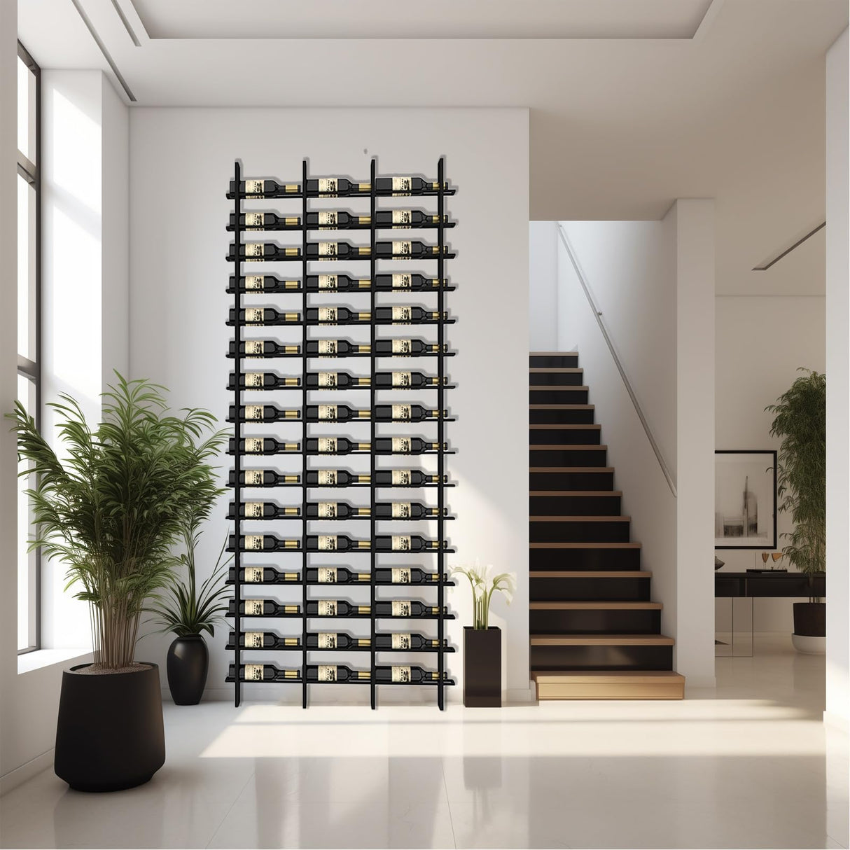 amhricho Wall Mounted Wine Rack, H 94.5INCH, 16 Rows, Black 48 Bottle, Metal Wine Bottle Holder for Home Bar, Wine Kitchen Storage (Black, 3 Columns) amhricho