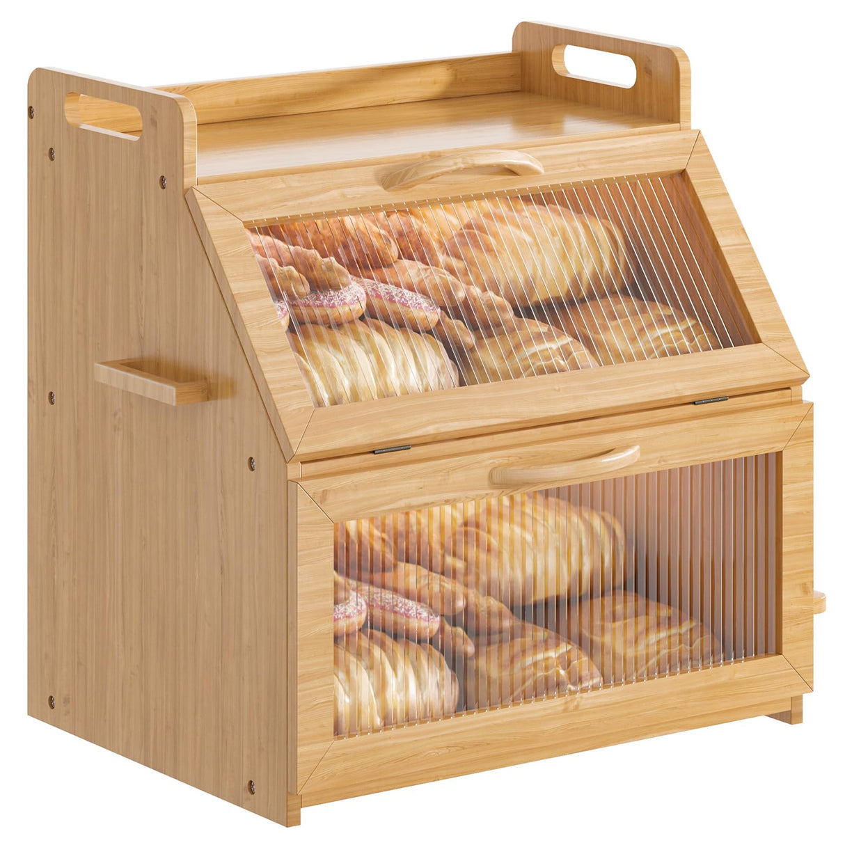 Bread Box, Bread Box for Kitchen Countertop, Large Bread Storage Container for Homemade Bread, Wooden Farmhouse Breadbox Organizers, Double Layer Bread Bin with Acrylic Window Bread Holder,Brown TQQDCI