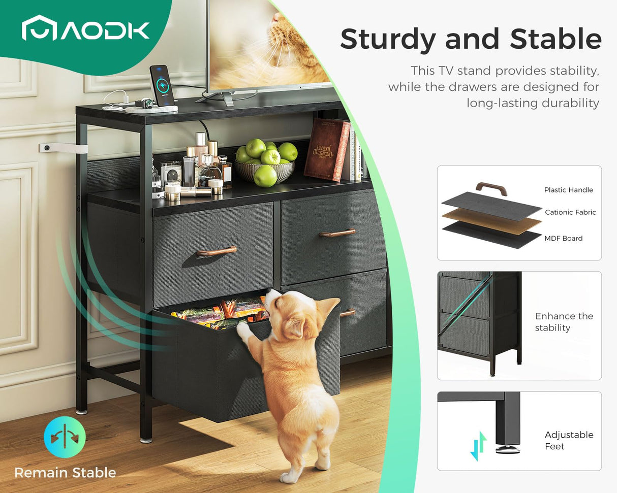 AODK Dresser with Charging Station, 52-Inch Long Dresser for Bedroom with 7 Large Fabric Drawers, Dresser TV Stand with Open Shelves for 55-Inch TV, Dark Grey AODK