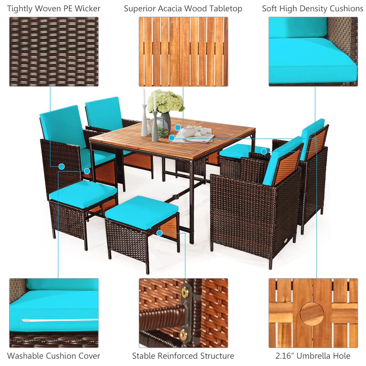 COSTWAY 9PCS Patio Rattan Dining Set Cushioned Chairs Ottoman Wood Table Top Turquoise COSTWAY
