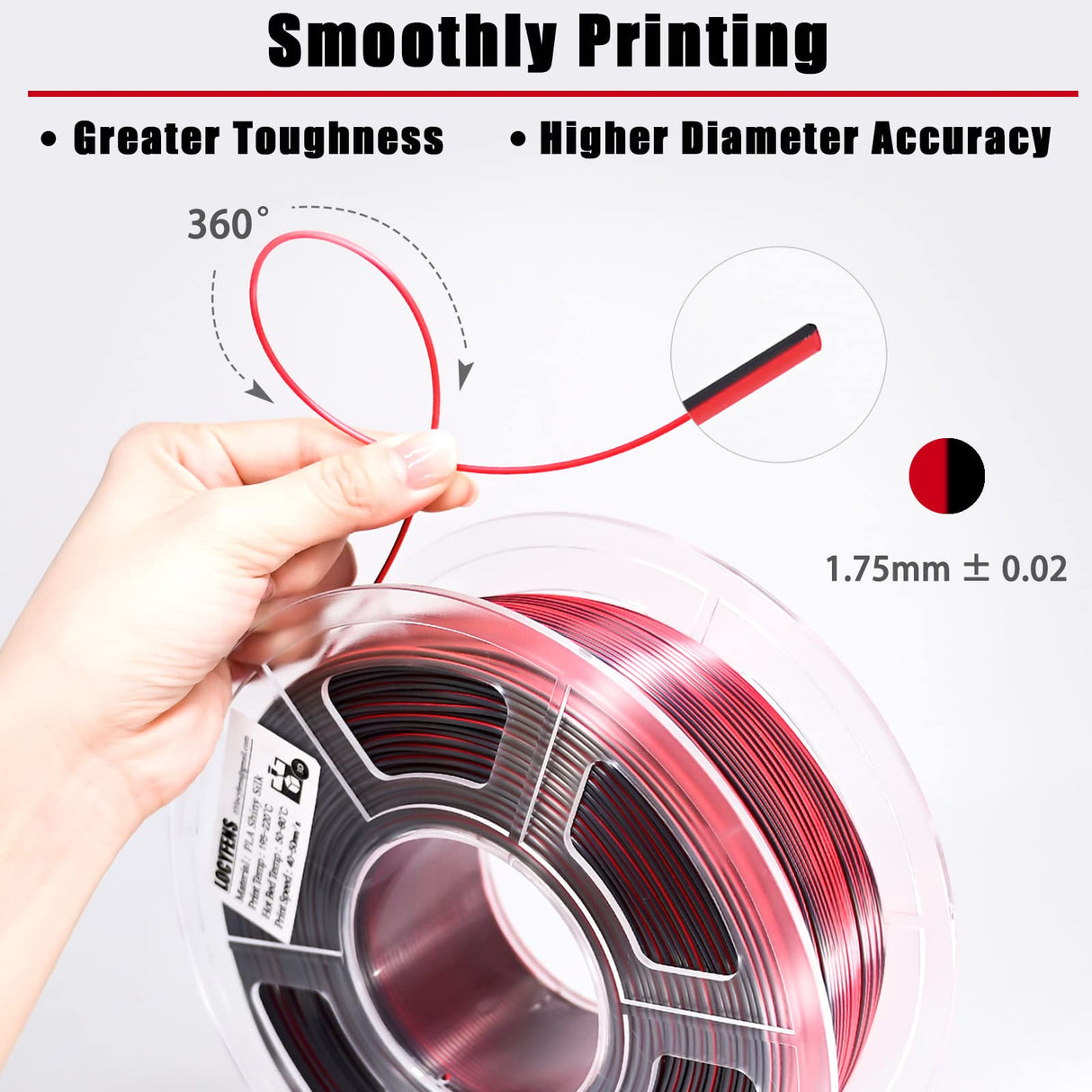 LOCYFENS PLA Filament 1.75mm, Silk PLA 3D Printer Filament, Dual Color Filament Black Red 2 in 1 Coextrusion 1.75 PLA Filament +/-0.02mm, 1kg/2.2lb LOCYFENS