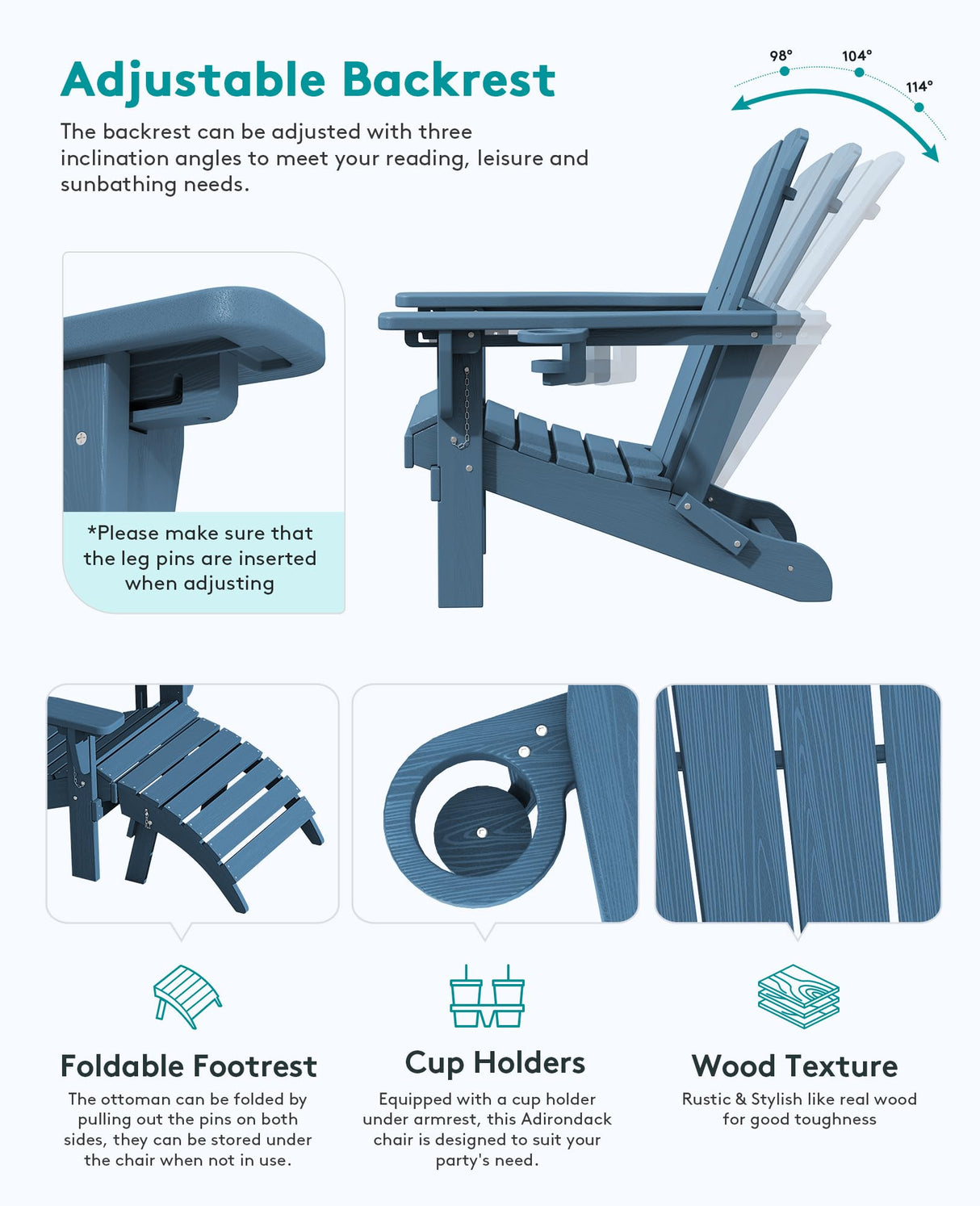 SERWALL 5-Piece Adirondack Chair and Ottoman and Table Set, HDPE Weather Resistant Adjustable Backrest Adirondack Chair with Ottoman and Side Table, Navy SERWALL