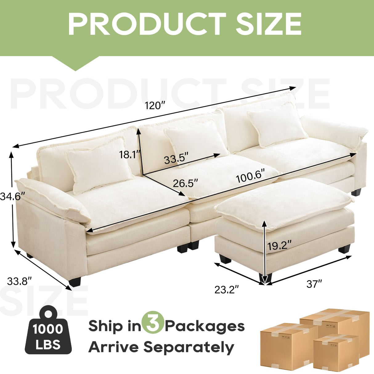 Oprisen Modular Sectional Sofa, Comfy Cloud Couch Sectional Sofa with Ottoman, Chenille Sofa Sleeper Deep Seat Sofa with Throw Pillows for Living Room (Beige White, 120"- L Shape) Oprisen