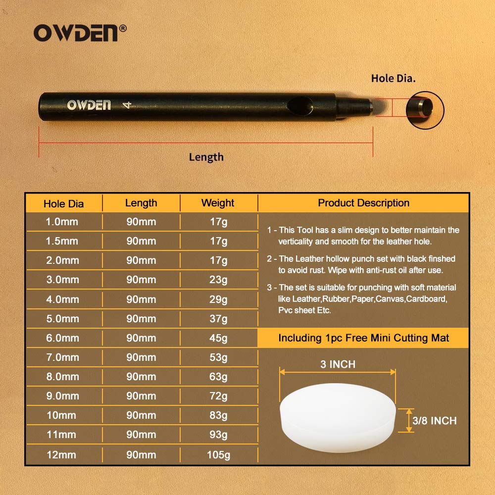 OWDEN Professional 13 Pc Leather Hole Punch Set (Slim Style) 1.0-12MM for Belt, Watch Band & Strap Gasket. Includes Free 3" Nylon Mat OWDEN