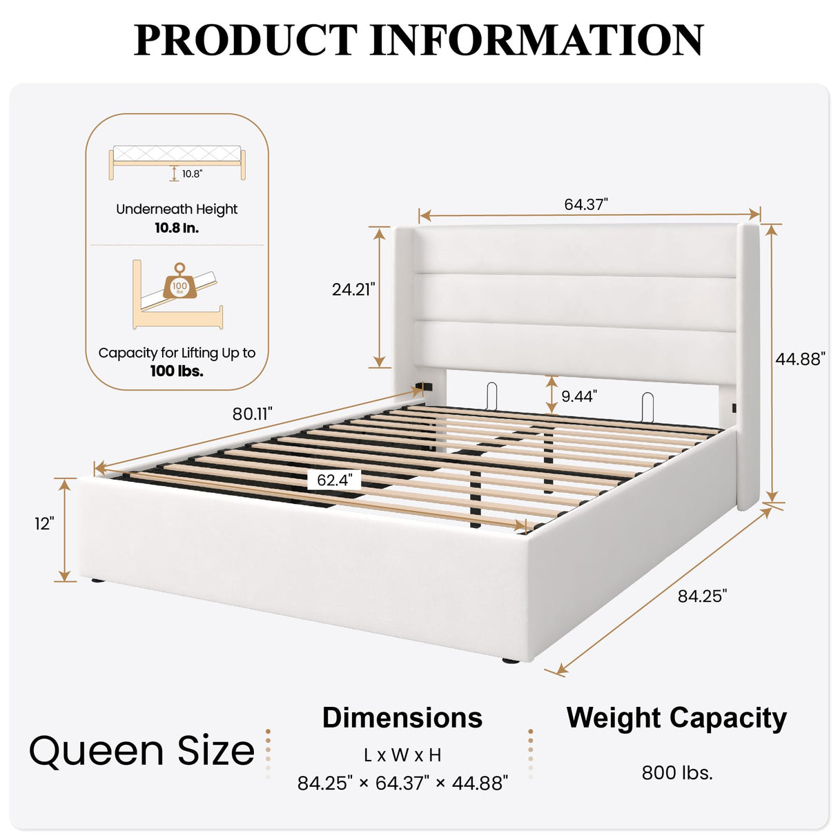 SHA CERLIN Queen Size Lift Up Storage Bed/Velvet Upholstered/Modern Wingback Headboard/Upholstered Platform Bed Frame/Hydraulic Storage/No Box Spring Needed/White SHA CERLIN