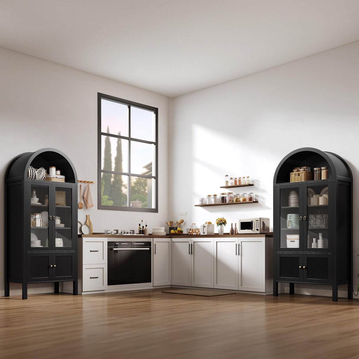 YITAHOME 71" Arched Cabinet Bookshelf Bookcase with LED Light/Wood Display Cabinet with Tempered Glass Doors and Adjustable Shelves/Kitchen Pantry with Storage for Living Room,Dining Room-Black YITAHOME