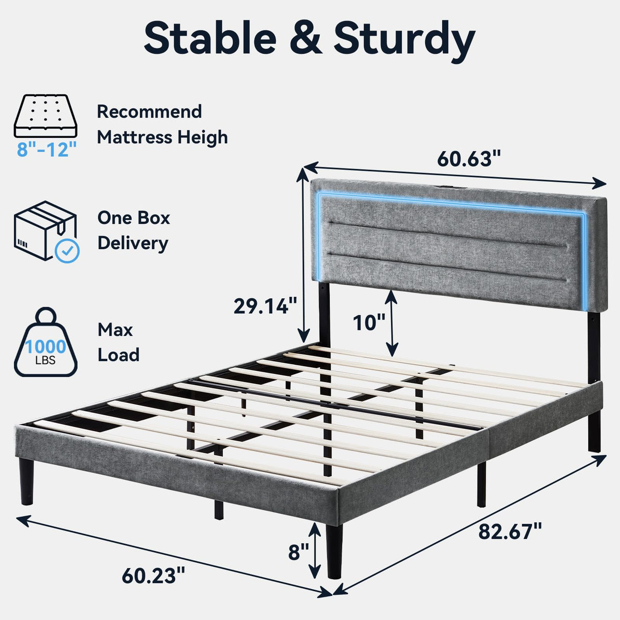 Queen Size Bed Frame with LED Lights and Charging Station, Chenille Upholstered Platform Queen Bed Frame with Headboard, No Box Spring Needed Bedframe, Noise Free, Easy Assembly, Gray Susalt