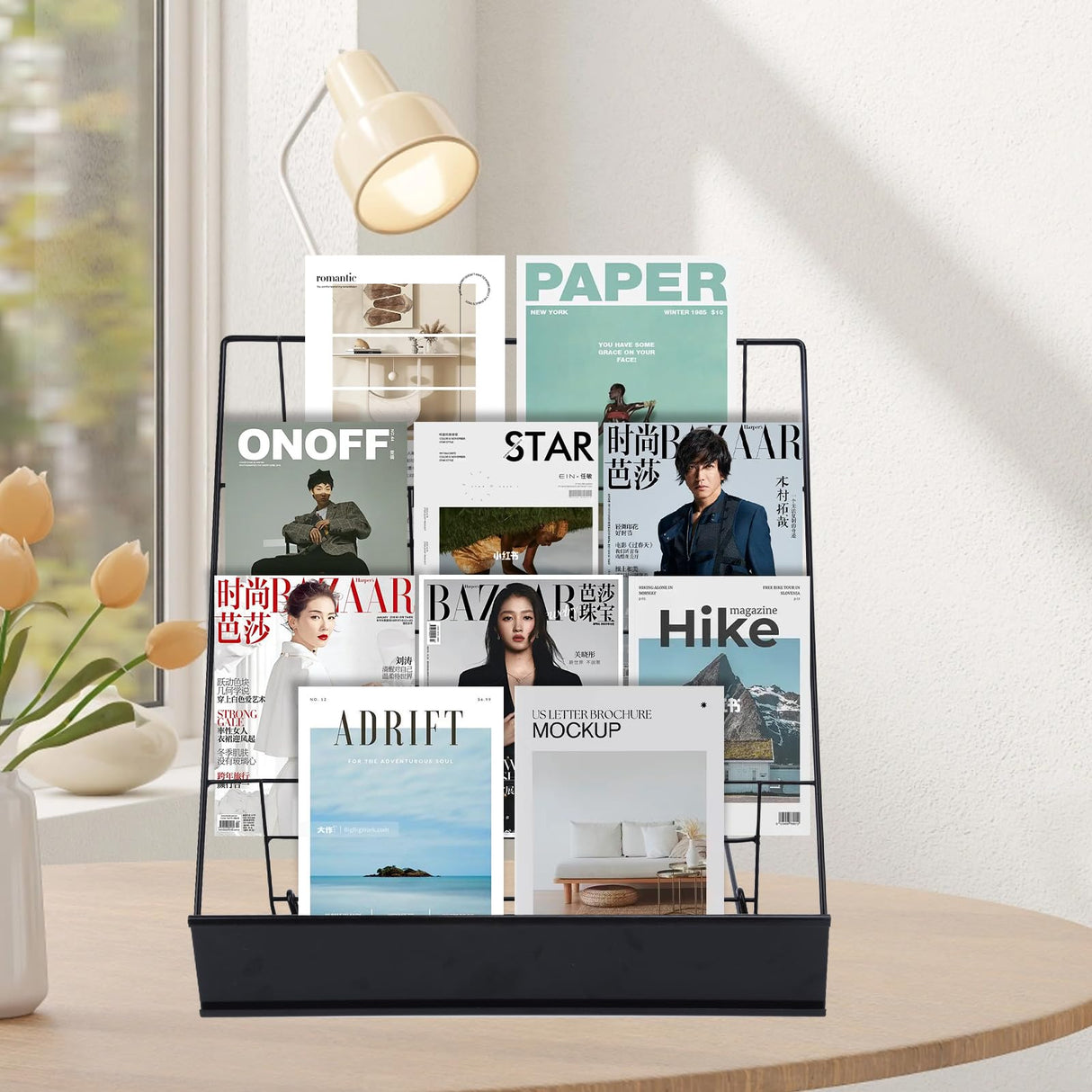 Book Signing Rack, Book Display Rack, Tabletop Magazine Display Racks, 4 Tiered Tabletop Cd Display, Comic Book Magazine Rack for Library Classroom Picture Literature Brochure 16.14" x 17.95" x 17.24" AshKiz