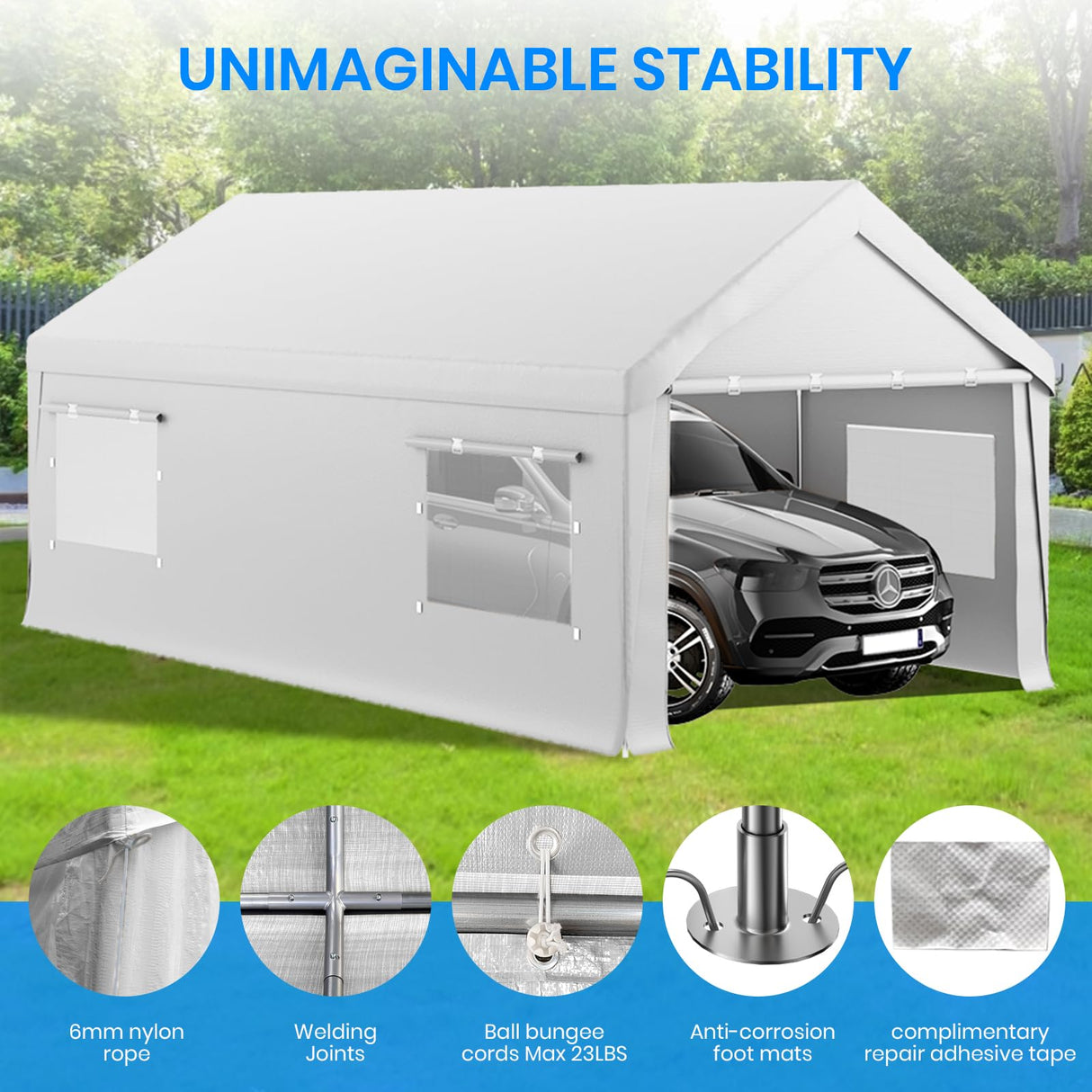Carport 10x20 FT Heavy Duty, Outdoor Portable Garage with Removable Sidewalls & Doors, Waterproof, UV-Resistant Canopy Shelter for Vehicles, Boats, RVs, Trucks, All-Season Car Port,White RICHRYCE