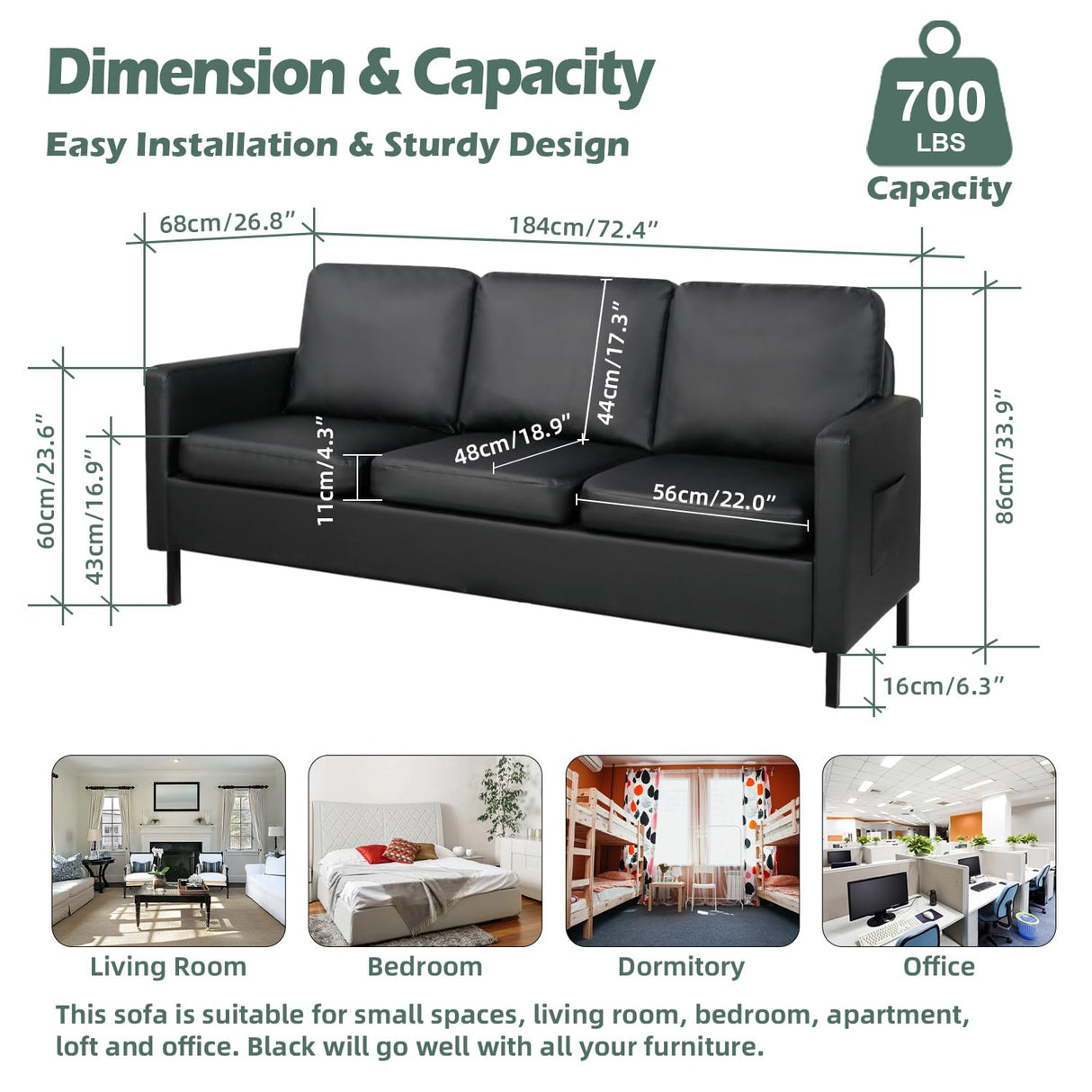 STHOUYN 72" W Faux Leather Black Sofa 3 Seat Couch, Modern Comfy Couch with 2 USB, Small Couches for Living Room Apartment Bedroom Small Spaces, Office Couch (Black (Sofa)) STHOUYN