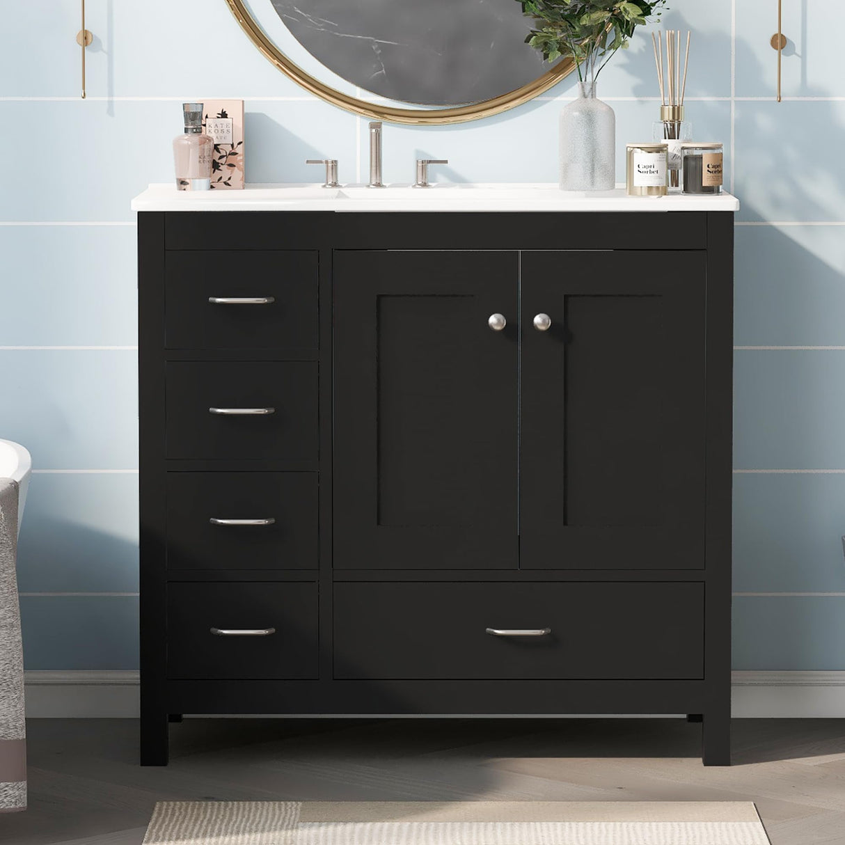 Harper & Bright Designs 36" Bathroom Vanity with Sink, Free Standing Single Basin Vanity Set with Two Doors and 5 Drawers, Solid Wood Bathroom Cabinet with Ceramic Basin for Bathroom, Black Harper & Bright Designs