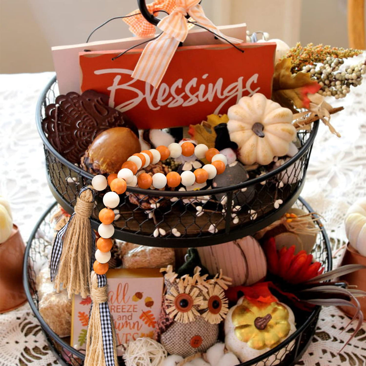 R HORSE Wood Bead Tassel Garland Thanksgiving Farmhouse Rustic Bead with Jute Rope Plaid Tassel Tray Decoration Retro Room Decor Home String Prayer Wall Décor for Nursery Room Vase Ornament R HORSE