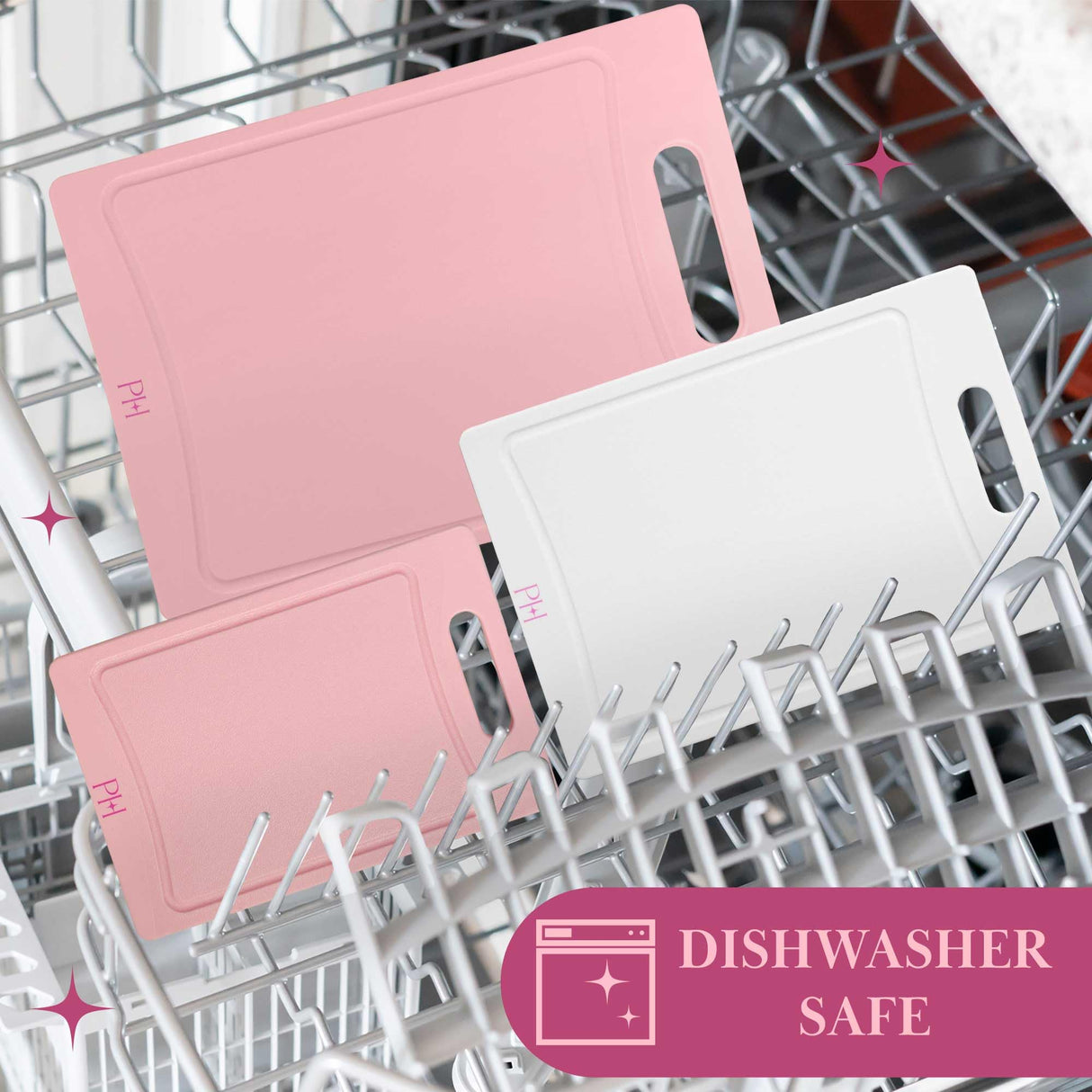 Paris Hilton Cutting Boards, Dual-Sided Cutting Board Set with Built-in Juice Grooves, Easy-Grip Handles, Heavy-Duty Plastic Made without BPA, Dishwasher Safe, 3-Piece Set, Pink and Cream Paris Hilton