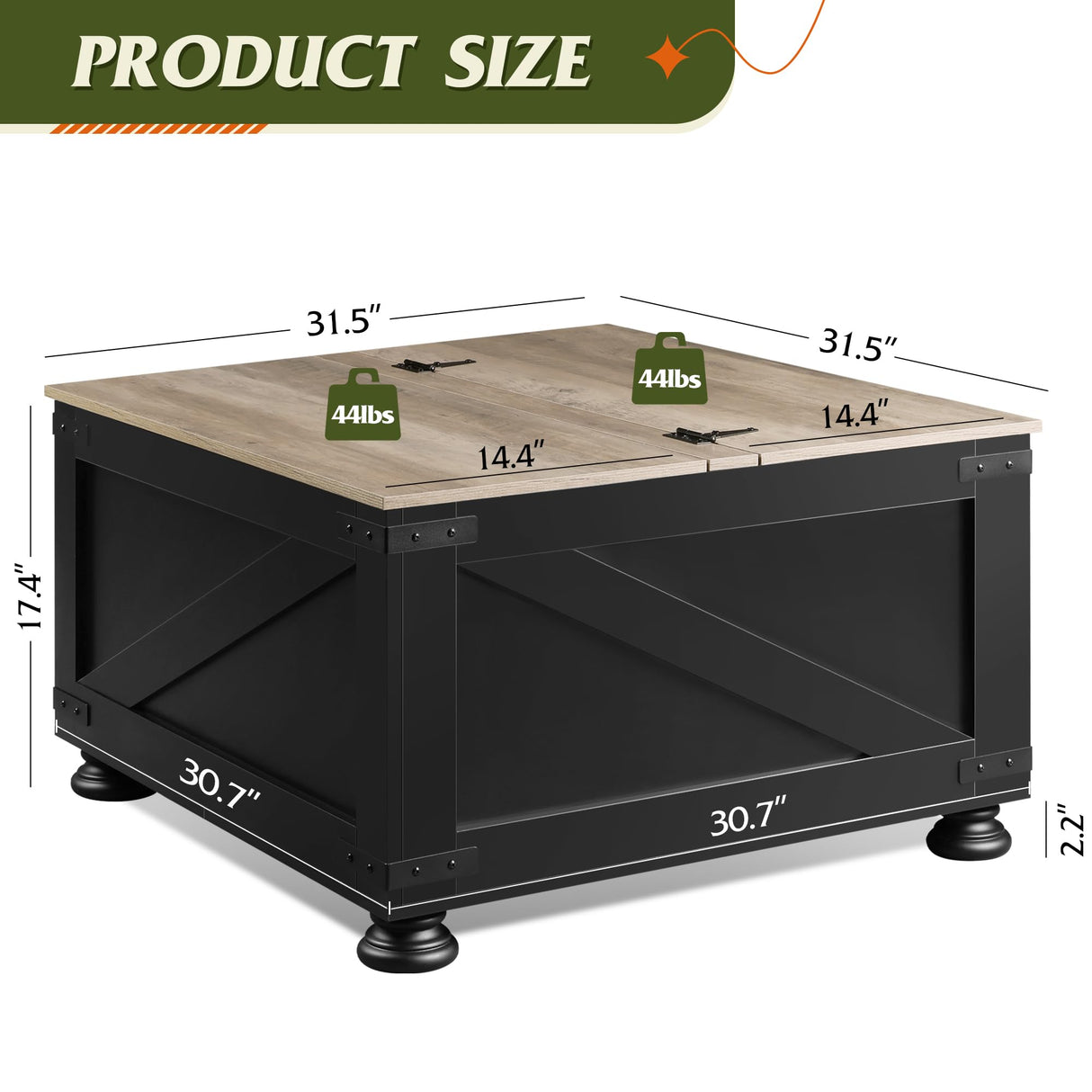 WLIVE Farmhouse Coffee Table,Square Wood Lift Top Coffee Table with Storage,Center Table for Living Room,Home Office,Black and Grey Oak WLIVE