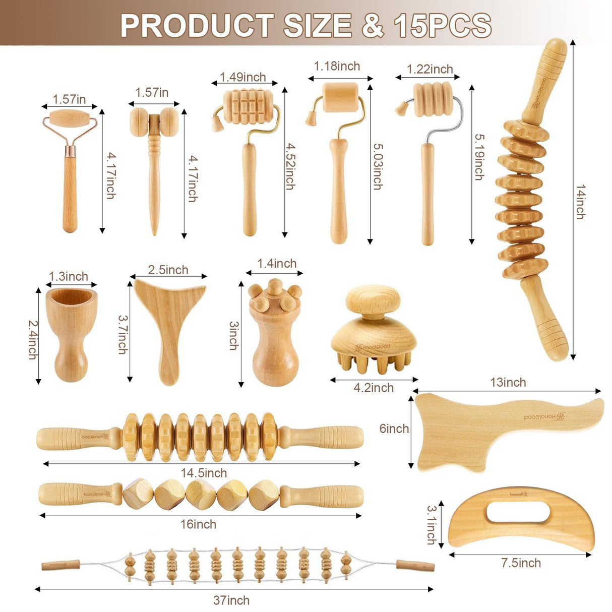 15 Pcs Wood Therapy Massage Tools Set Maderoterapia Kit Therapy Tools for Body Muscle Pain Relief Wooden Body Face Sculpting Tools Wood Roller Massager, Fascia Massage HanaWood