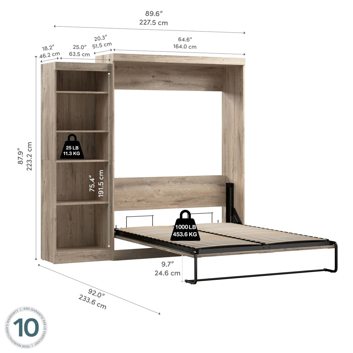 Bestar Pur Queen Murphy Bed with Shelving Unit, 90-inch Space-Saving Sleeping Arrangement for Multipurpose Room in Rustic Brown Bestar