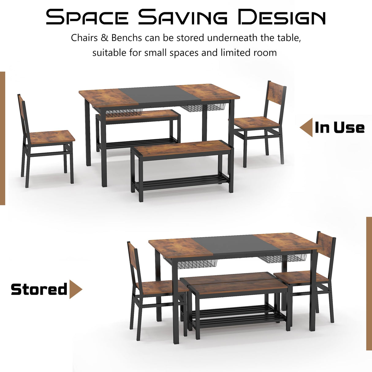 NAIYUFA Dining Table Set for 4-6 People,Industrial Dining Table with 2 Benches and 2 Chairs,Kitchen Table Set with Storage Rack for Dining Room,Saving Space,Rustic Brown NAIYUFA