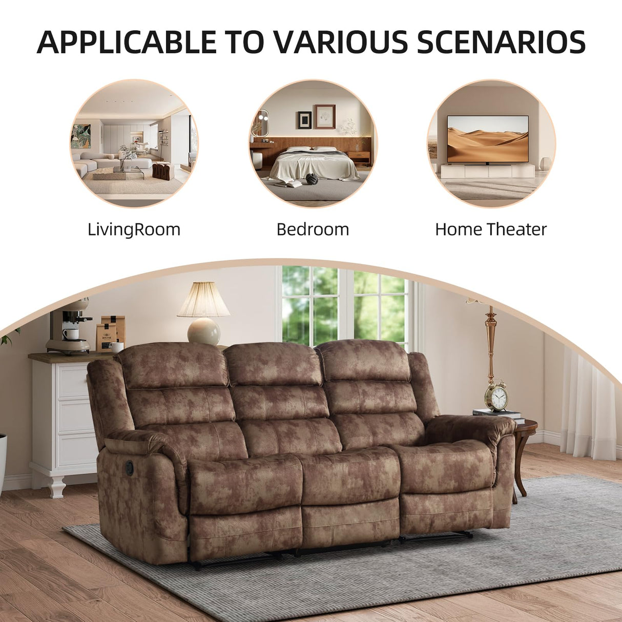 EBELLO Reclining Sofa for Living Room, Extra Wide Modern Overstuffed 3 Seat Recliner Manual Sofa Chair, Breathable Soft Fabric and Padded Seat, Brown EBELLO