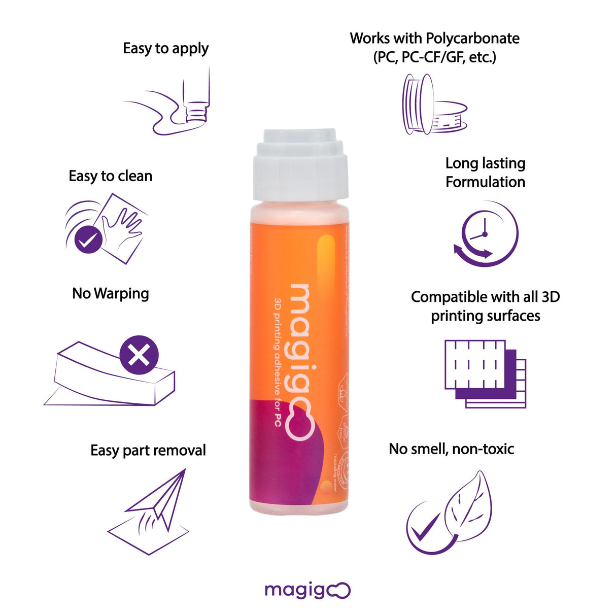 Magigoo MPC2018 3D Printer Adhesive Glue, Reduces Warping for Polycarbonate Filament on Flex Plate, Glass, PEI, Buildtak, Kapton, 50ml 1.69 fl. oz. Magigoo