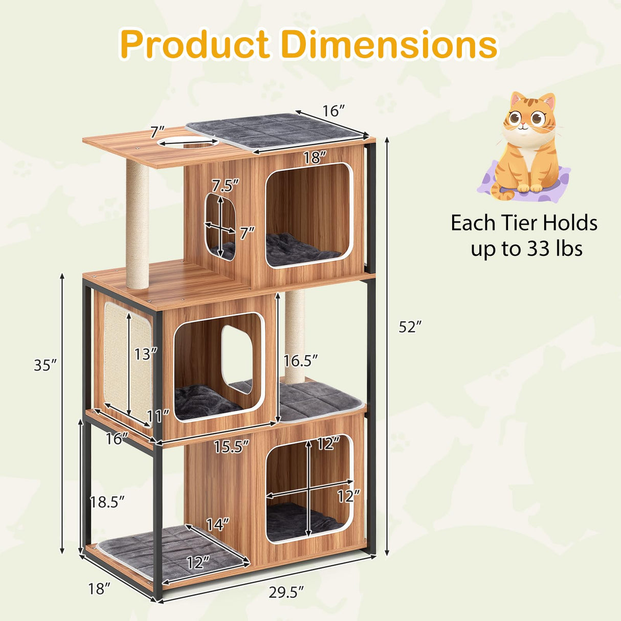 PETSITE 52 Inch Wood Cat Tree for Indoor Cats, Multi-Level Solid Metal Framed Wooden Cat Tower with Sisal Scratching Posts and Pad, 3 Condos, and Top Platform with Cat Hole PETSITE