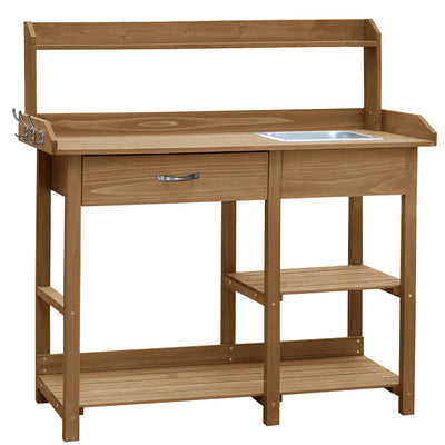 MUPATER Potting Bench Garden Table for Outdoors with Removable Stainless Sink, Planting Work Bench with Storage Shelves and Drawer, Natural Wood