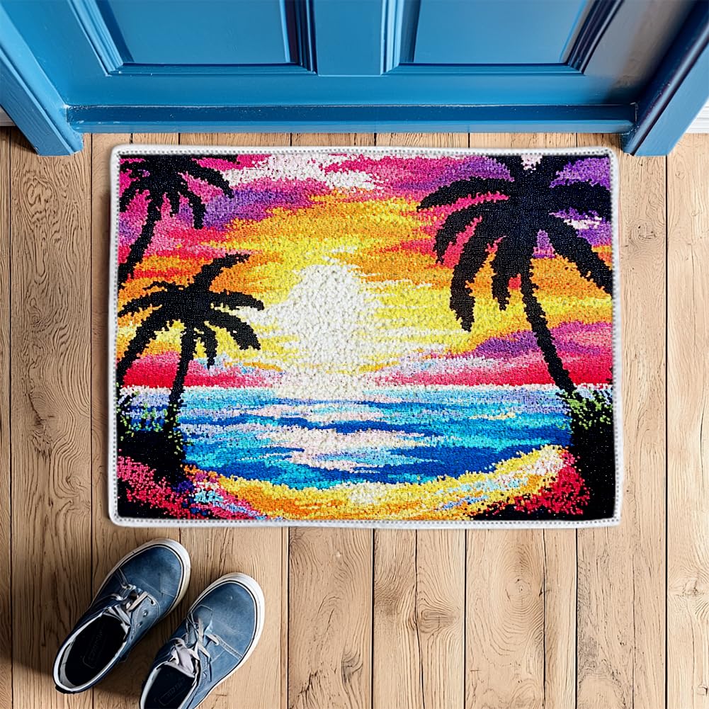 ORIGACH Sunset by The Beach Latch Hook Rug Kit for Adults Printed Rug Making Kit Handmade Carpet Tapestry Cover with Hook Latch and Preprinted Canvas, Home Arts Crafts Sofa Decor, 20.5x15inch ORIGACH