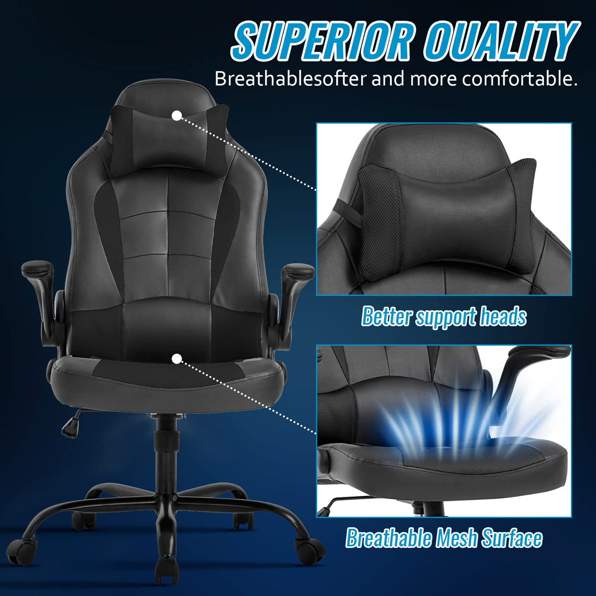 BestOffice PC Gaming Chair Ergonomic Office Chair Desk Chair with Lumbar Support Flip Up Arms Headrest PU Leather Executive High Back Computer Chair for Adults Women Men (Black) BestOffice
