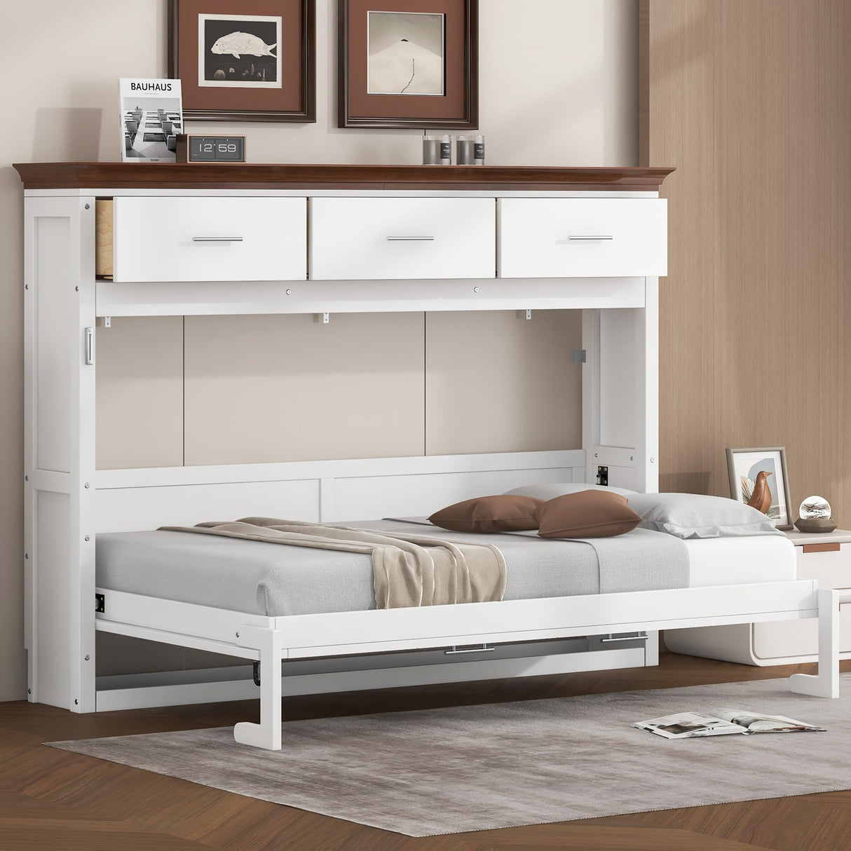 Twin Horizontal Murphy Bed with Drawers,Wood Space-Saving Folding Hideaway Murphy Wall Bed with Storage Drawers, for Adults,White MERITLINE
