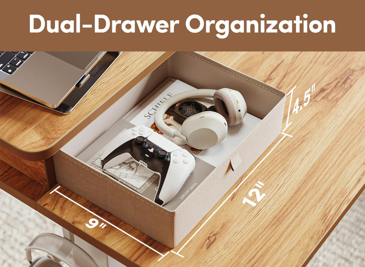 BANTI 48x24 Inch Electric Standing Desk with Double Drawers, Adjustable Height Stand Up Desk, Sit Stand Home Office Desk with Storage Shelf, Light Wood Top BANTI