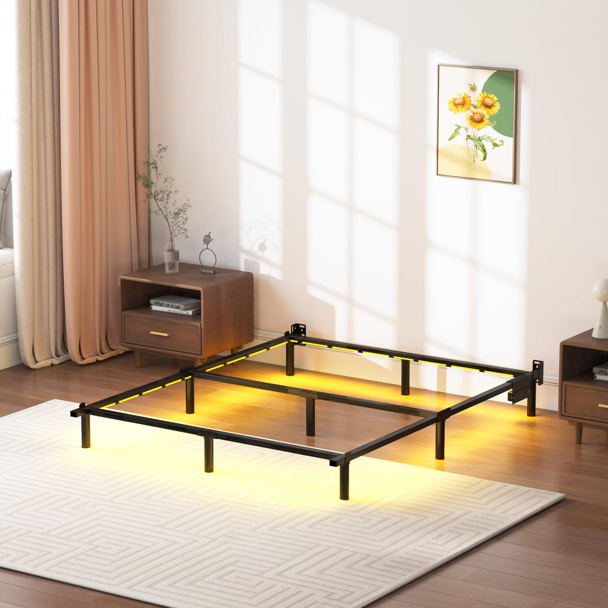 Bed Frame with Charging Station, Queen Bed Frame with LED Lights, 7 Inch High 9-Leg Support Sturdy Bed Base for Box Spring and Mattress, Easy Assembly, Black SHLAND