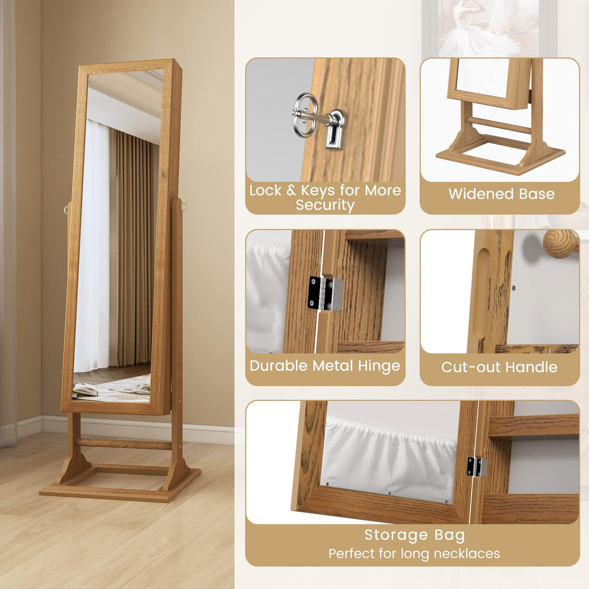 CHARMAID Jewelry Armoire with Full Length Mirror, Lockable Jewelry Cabinet with Large Jewelry Storage, 6 LED Lights, Inner Makeup Mirror, Standing Jewelry Organizer Box (Wood Grain) CHARMAID