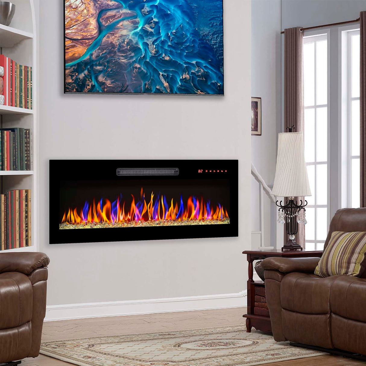 36 Inch Ultra-Thin Electric Fireplace, Recessed and Wall Mounted Fireplace, LED Light Heater with Remote Control, Tempered Glass Front Electric Fireplace with Multi Color Flame & Emberbed (36 inch) FTOPBTB