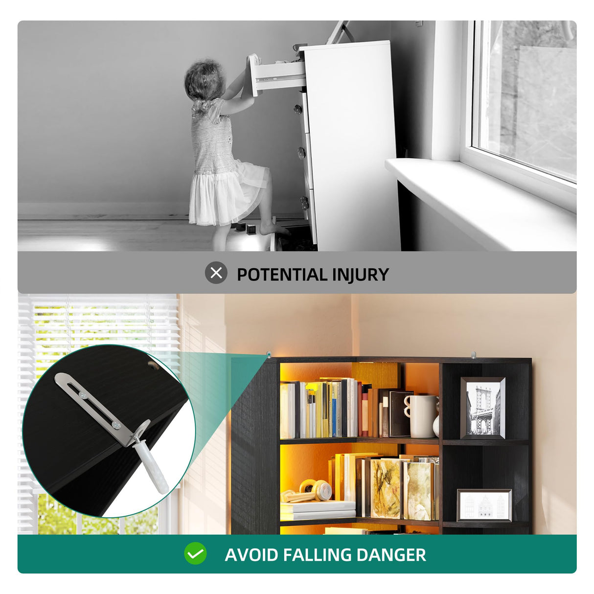 YITAHOME Corner Bookshelf and Bookcase with LED Light, Black Bookshelf 6 Tier Corner Shelf L-Shaped Bookcase Storage Display Shelf for Home Office, Living Room, Bedroom, Black YITAHOME