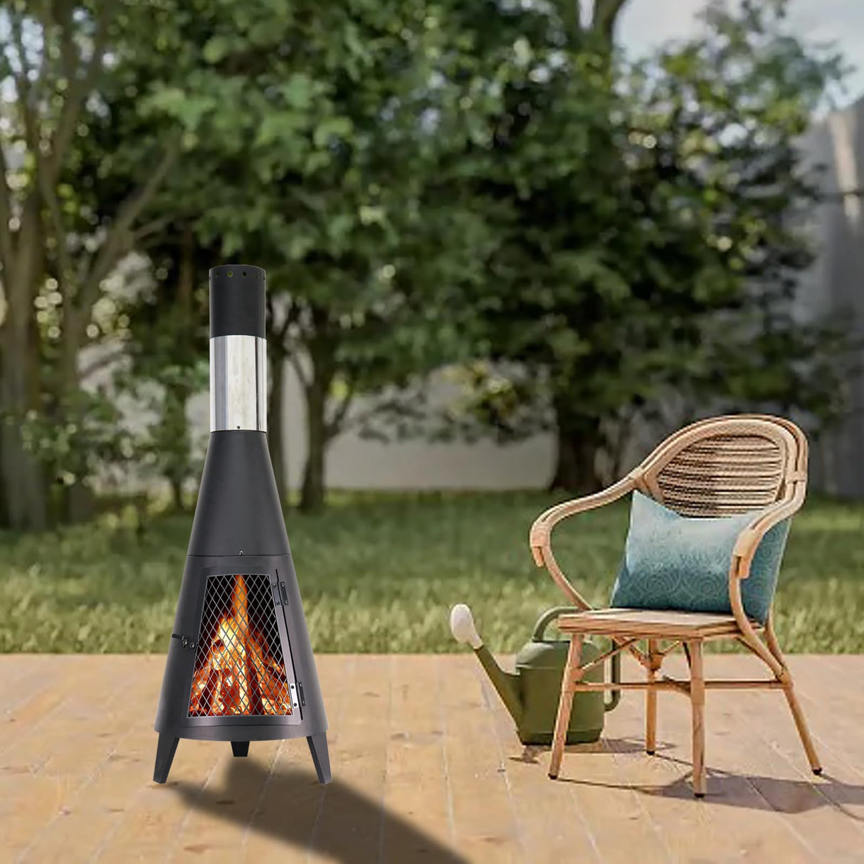 BDL Chiminea Outdoor Fireplace Outdoor Wood Burning Fire Pit Free Standing Fireplace with Log Grate, Mesh Screen for Patio, Backyard, Garden-Black BDL