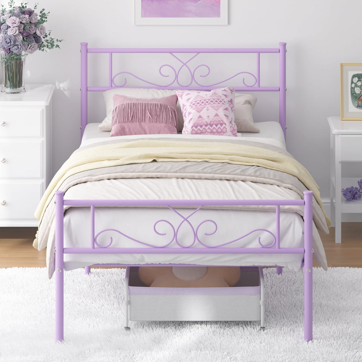Weehom Twin Size Bed Frame with Headboard and Footboard Steel Slats Support Twin Metal Bed No Box Spring Needed Easy to Assembly, Purple Weehom