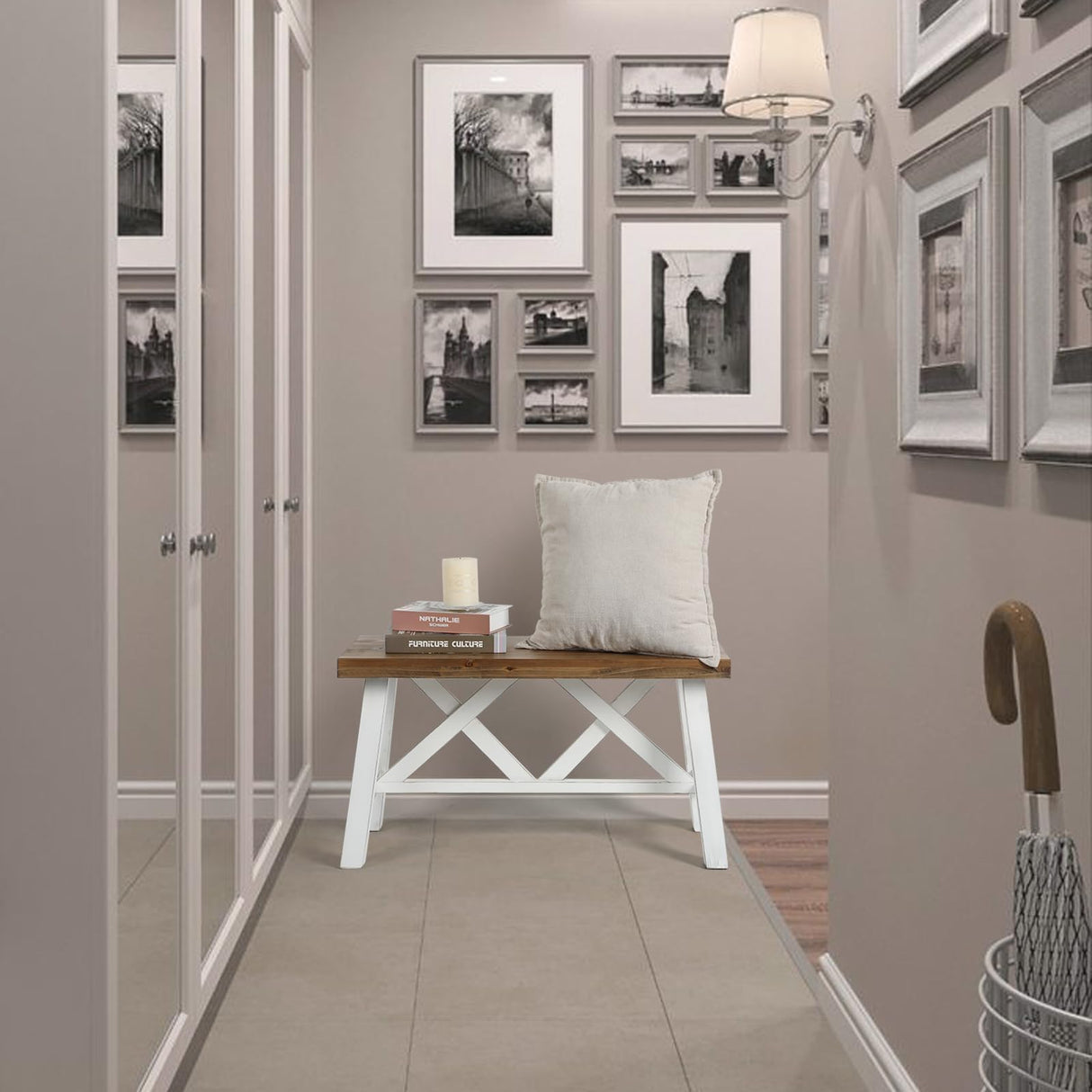 Wnutrees 30" Farmhouse Wood Bench, Rustic Solid Wood Entryway Bench Seat with Double X-Structure for Dining Room, Living Room, Hallway, Structural Stability, White Wnutrees