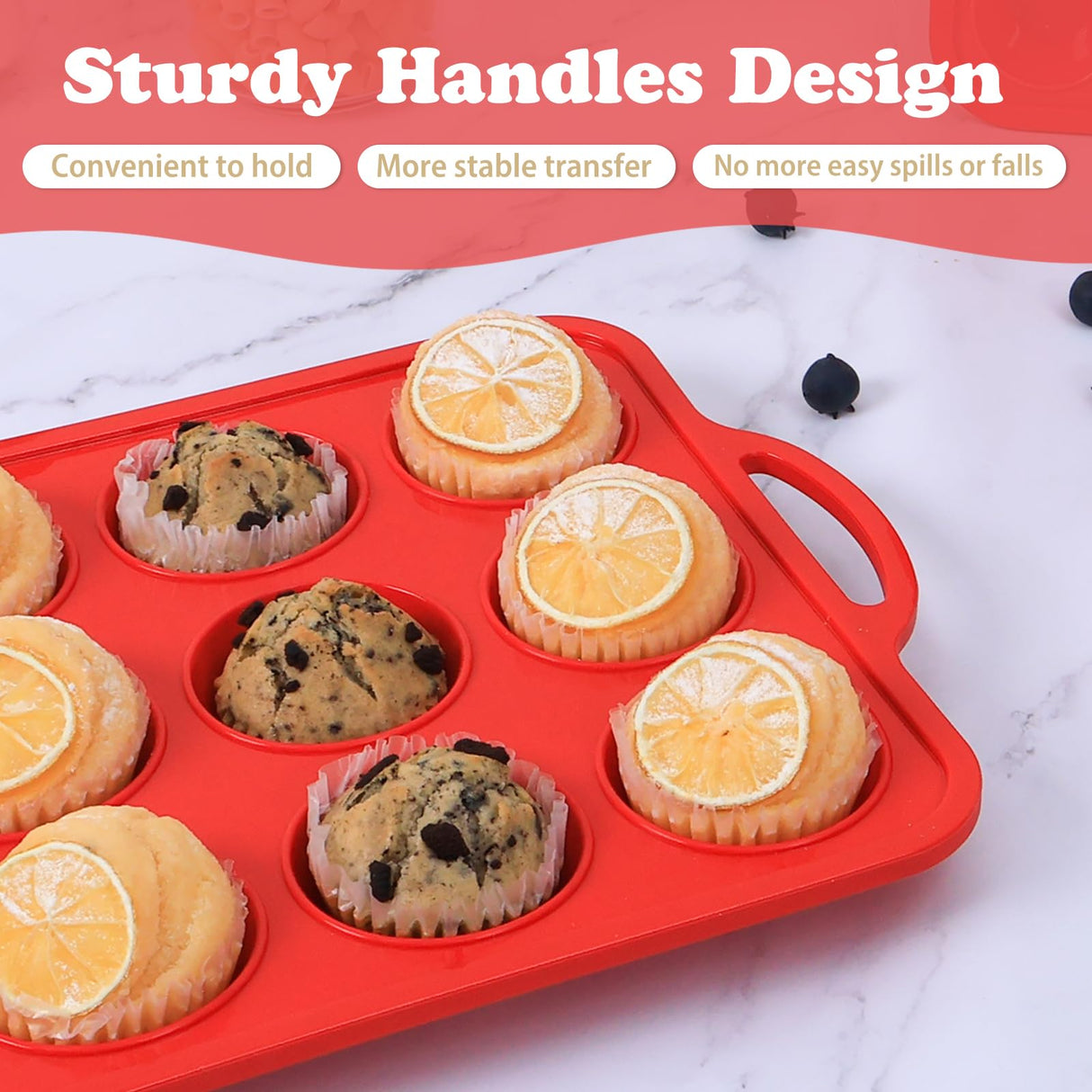 Foepoge 2 Pack Silicone Muffin Pan with Metal Frame, Non-stick Regular Silicone Cupcake Pan with Handles 12 Cup, Silicon Muffin Tin Tray for baking, egg bites, Cupcake Mold, BPA Free Red Foepoge