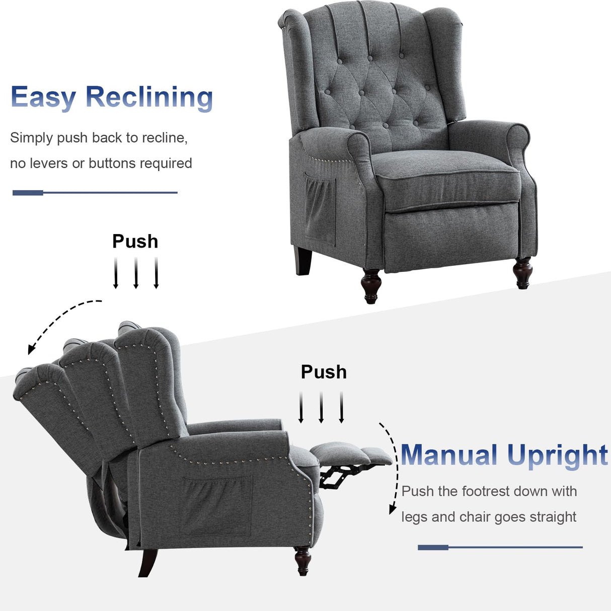 SAMERY Wingback Recliner Chair with Massage and Heat, Push Back Recliner Accent Chair, Modern Tufted Reclining Lounge Single Small Recliner Chair Set of 2 for Small Spaces, Living Room, Office SAMERY