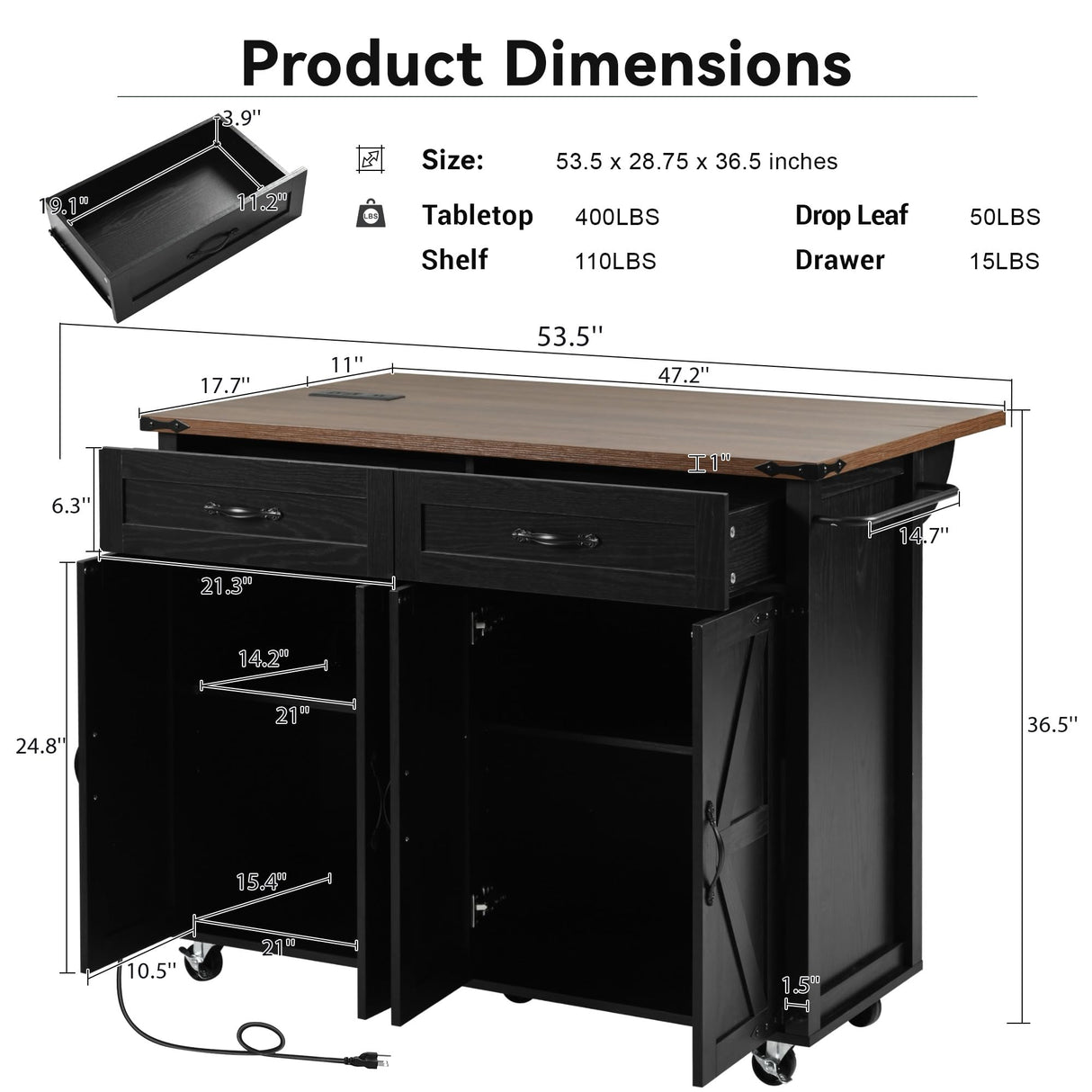 Amposei Farmhouse Rolling Kitchen Island with Power Outlet, Drop Leaf Breakfast Bar, Wooden Mobile Storage Island Cart on Wheels with Drawers, Spice Rack for Kitchen Dining Room (Black) Amposei