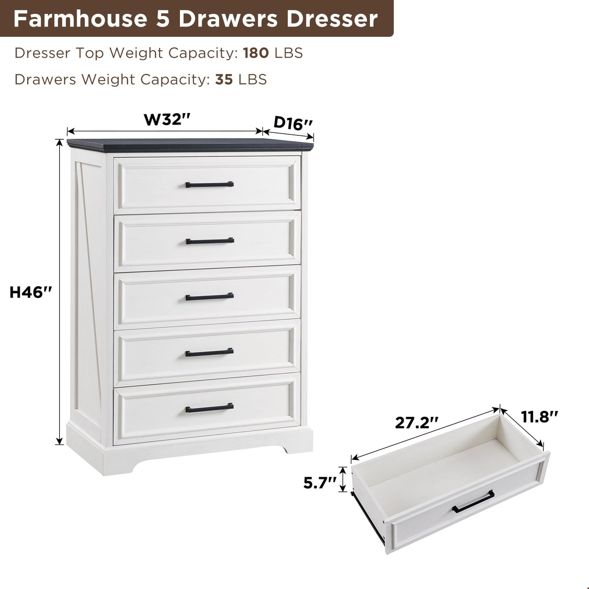 ACCOHOHO Farmhouse 5 Drawers Dresser Chests for Bedroom,46" Tall Wood Rustic Chest of Drawers with Wide Metal Handle,Natural Texture,Drawer Organizer for Bedroom,Living Room,Hallway and Entryway,White ACCOHOHO